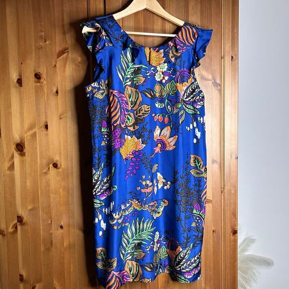 J. Crew Silk Ruffle Tropical Print Dress Women’s 12 Blue Knee Length Resortwear - Picture 2 of 10